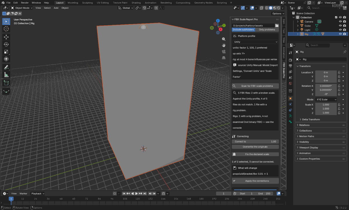 Blender's 3D viewport with the add-on's sidebar panel open: a folder, a Unity platform profile with its rules, the scan result, and a box saying what will change before anything is written.