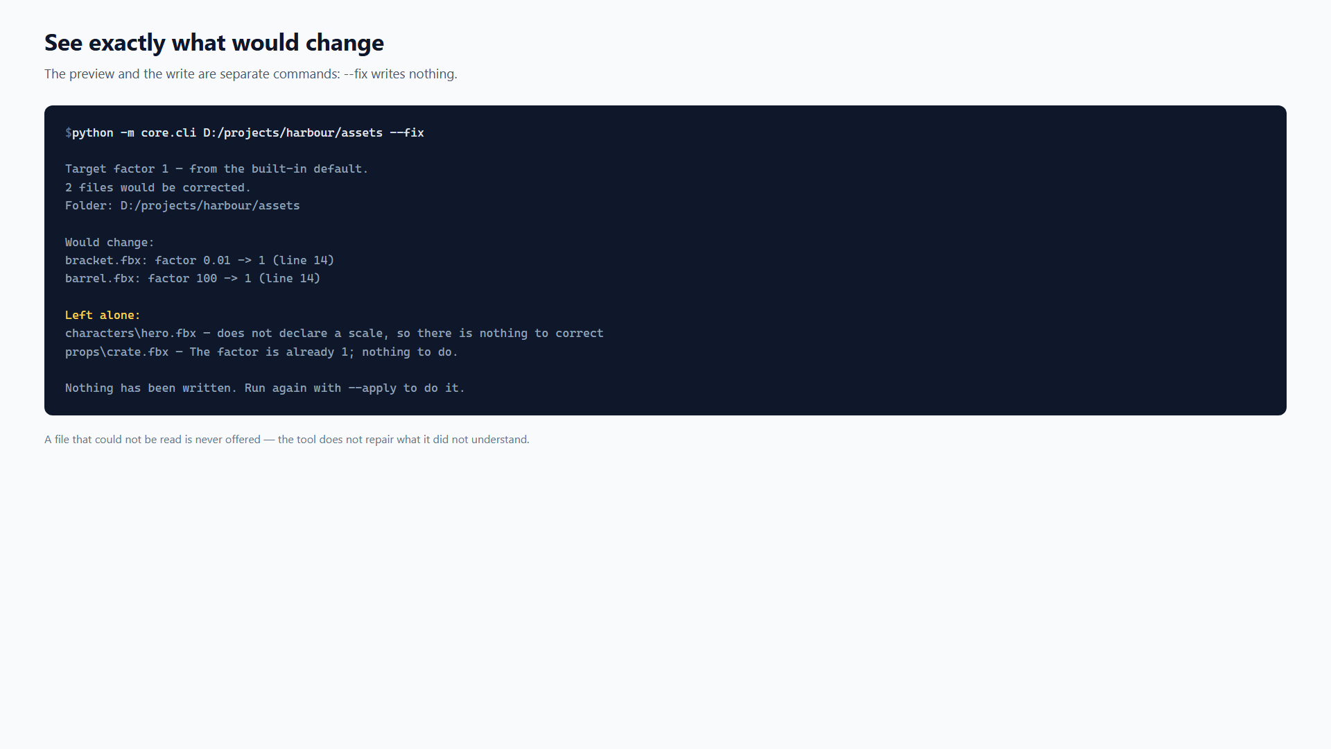 A terminal showing the --fix command listing two files that would change and two left alone, ending with 'Nothing has been written'.